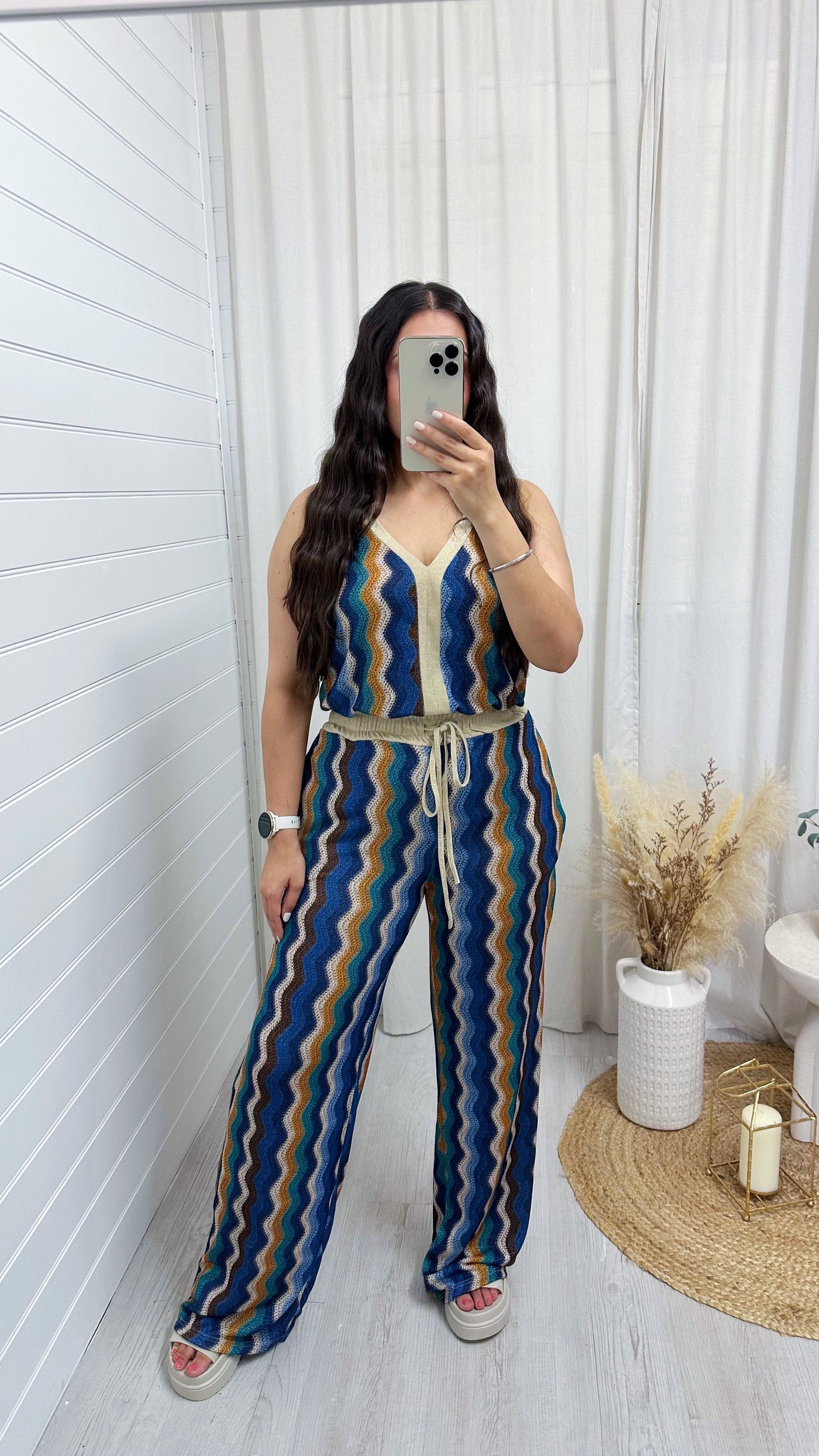 Zig Zag Strappy Vest Top and Wide Leg Trousers Co-Ord - BLUE