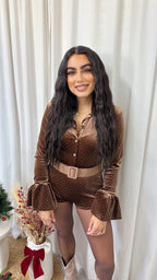 Velvet Rhinestone Belted Playsuit - TOFFEE