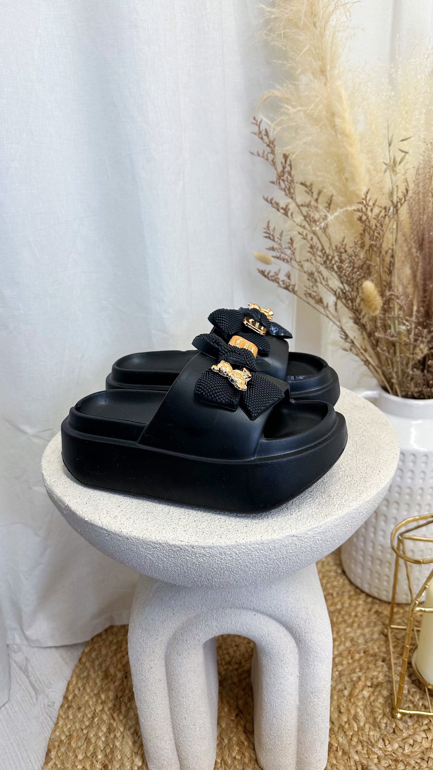 Platform Foam Bow Sliders - BLACK