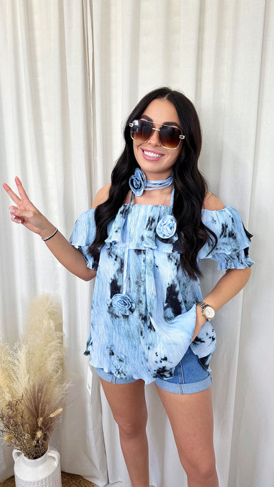 Tie Dye Bardot Top with Corsage - BLUE