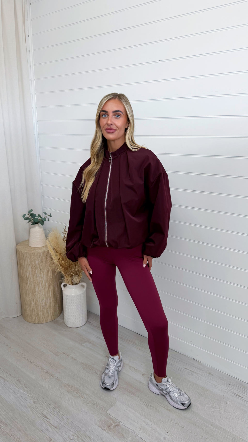 Pleated Shoulder Bomber Jacket - BURGUNDY