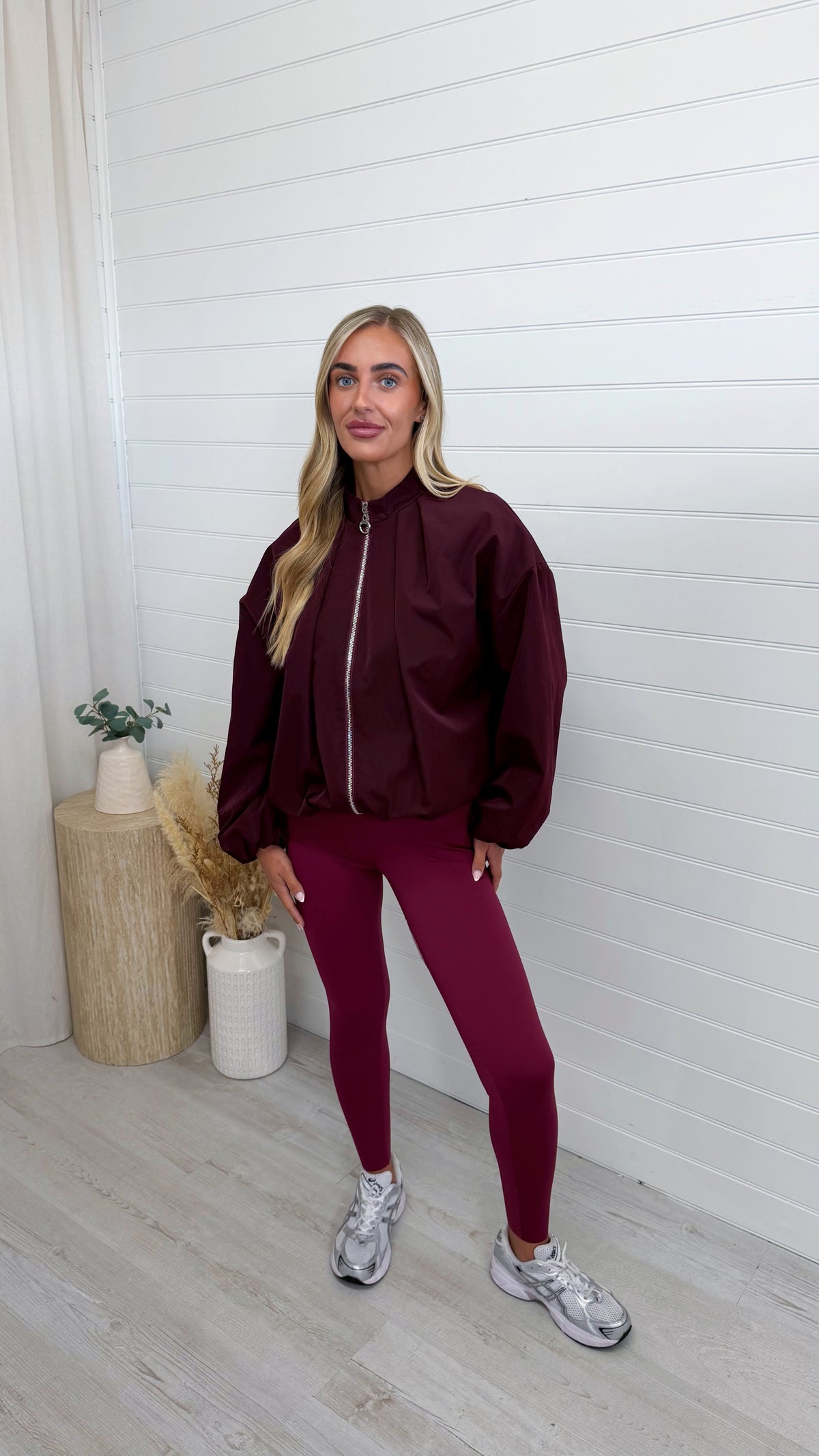Pleated Shoulder Bomber Jacket - BURGUNDY