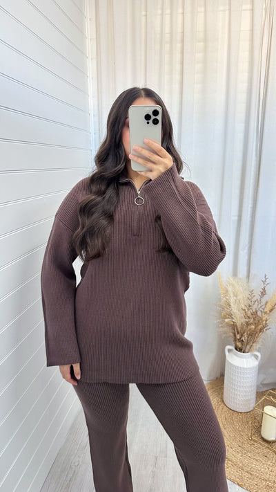 Chunky Knitted Quarter Zip Top and Trousers Co-Ord - BROWN