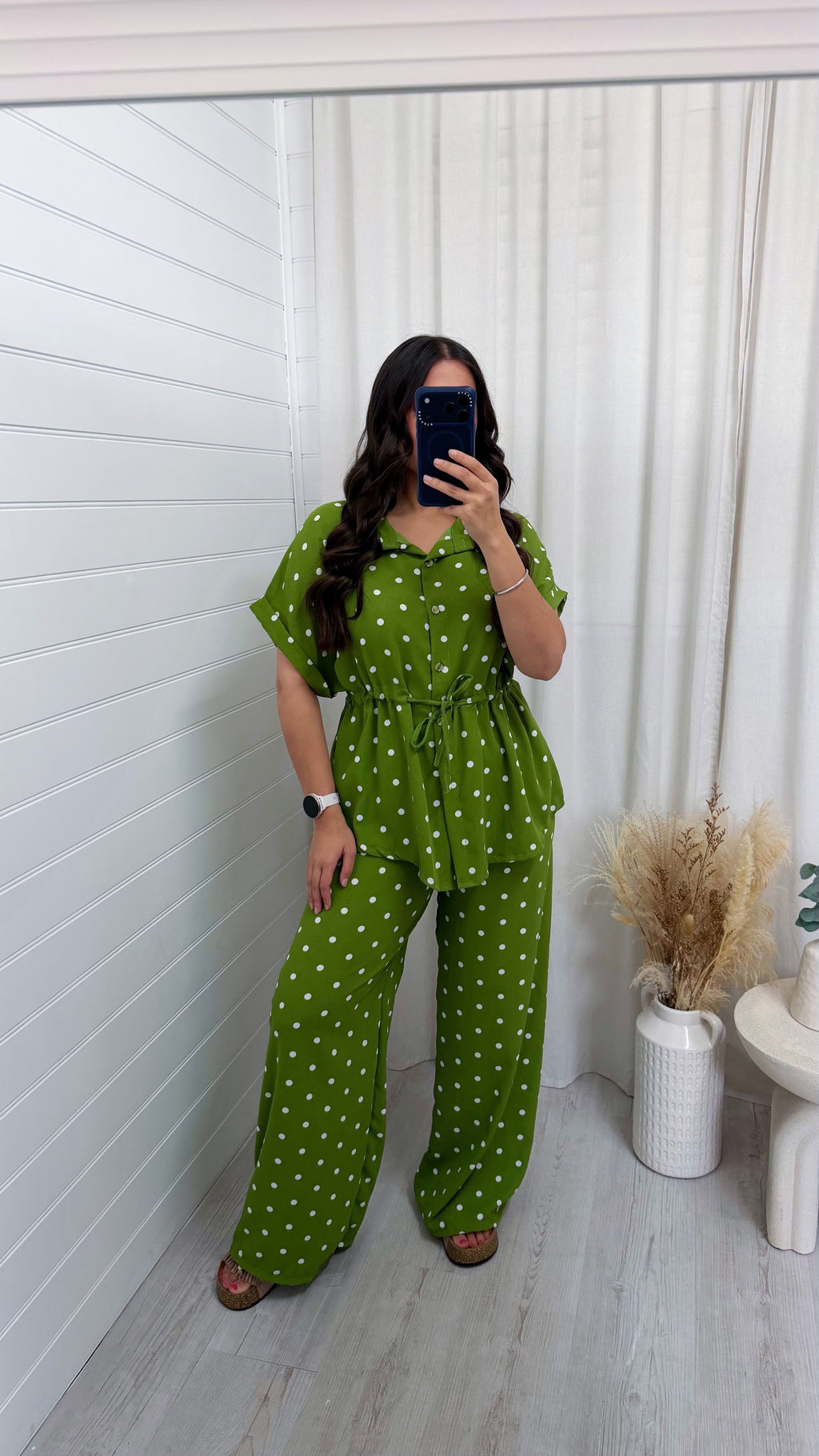 Polka Dot Cinched Shirt and Trousers Co-Ord - OLIVE GREEN