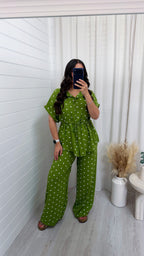 Polka Dot Cinched Shirt and Trousers Co-Ord - OLIVE GREEN