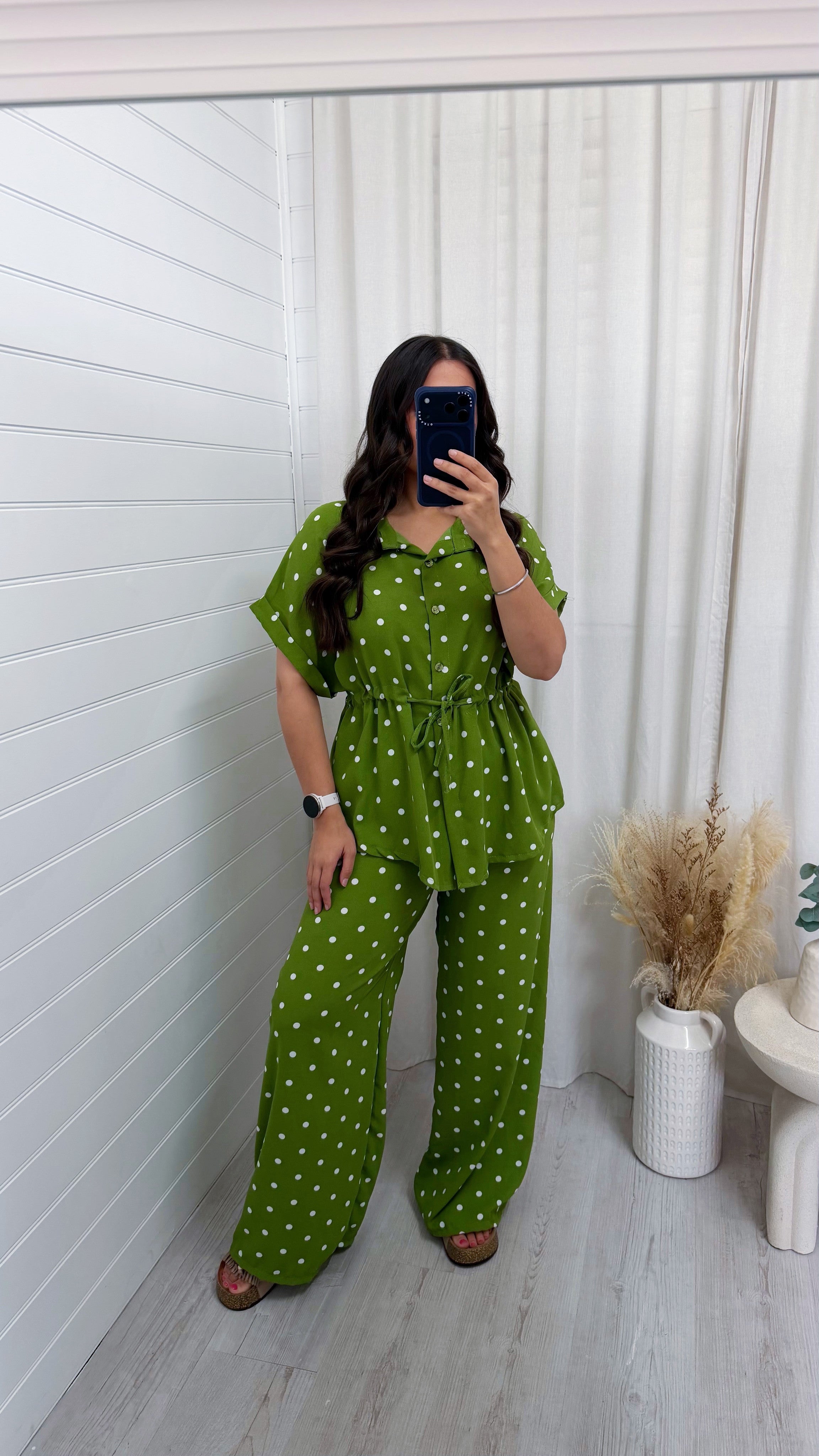 Polka Dot Cinched Shirt and Trousers Co-Ord - OLIVE GREEN