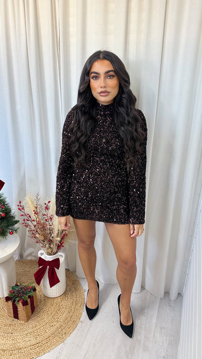 Velvet Sequin Bell Sleeve Dress - BROWN