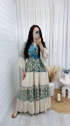 Lace Panel Damask Print Maxi Dress - TEAL
