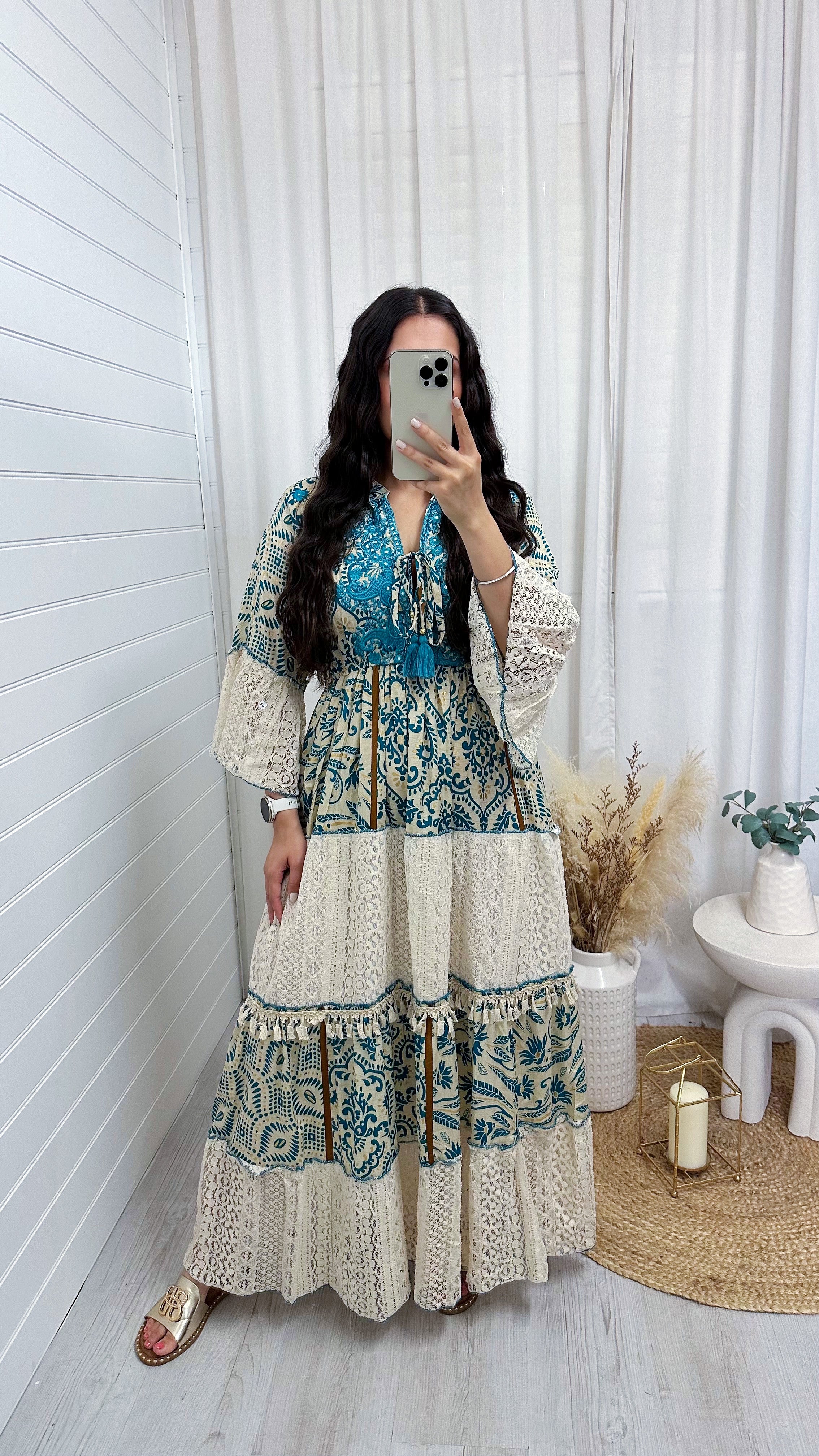 Lace Panel Damask Print Maxi Dress - TEAL