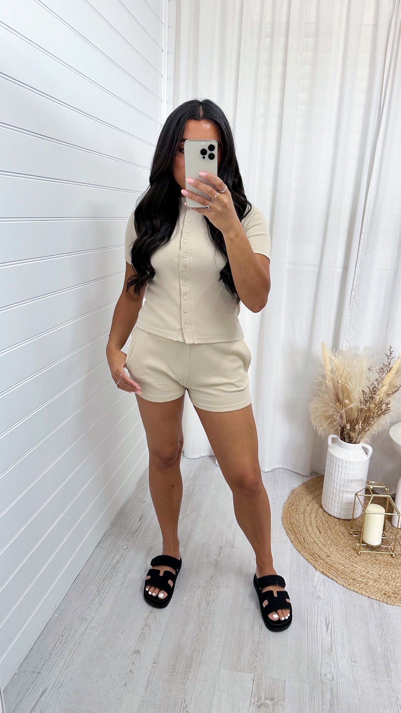 Ribbed Button Crop Top and Shorts Co-Ord - BEIGE
