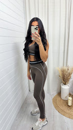 Piped Trim Sports Bra and Leggings Gym Set - BROWN