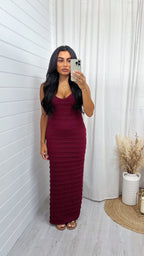 Textured Frill Strappy V Neck Maxi Dress - WINE