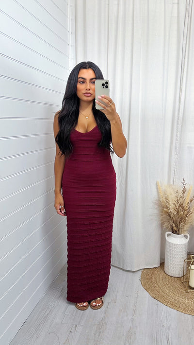 Textured Frill Strappy V Neck Maxi Dress - WINE