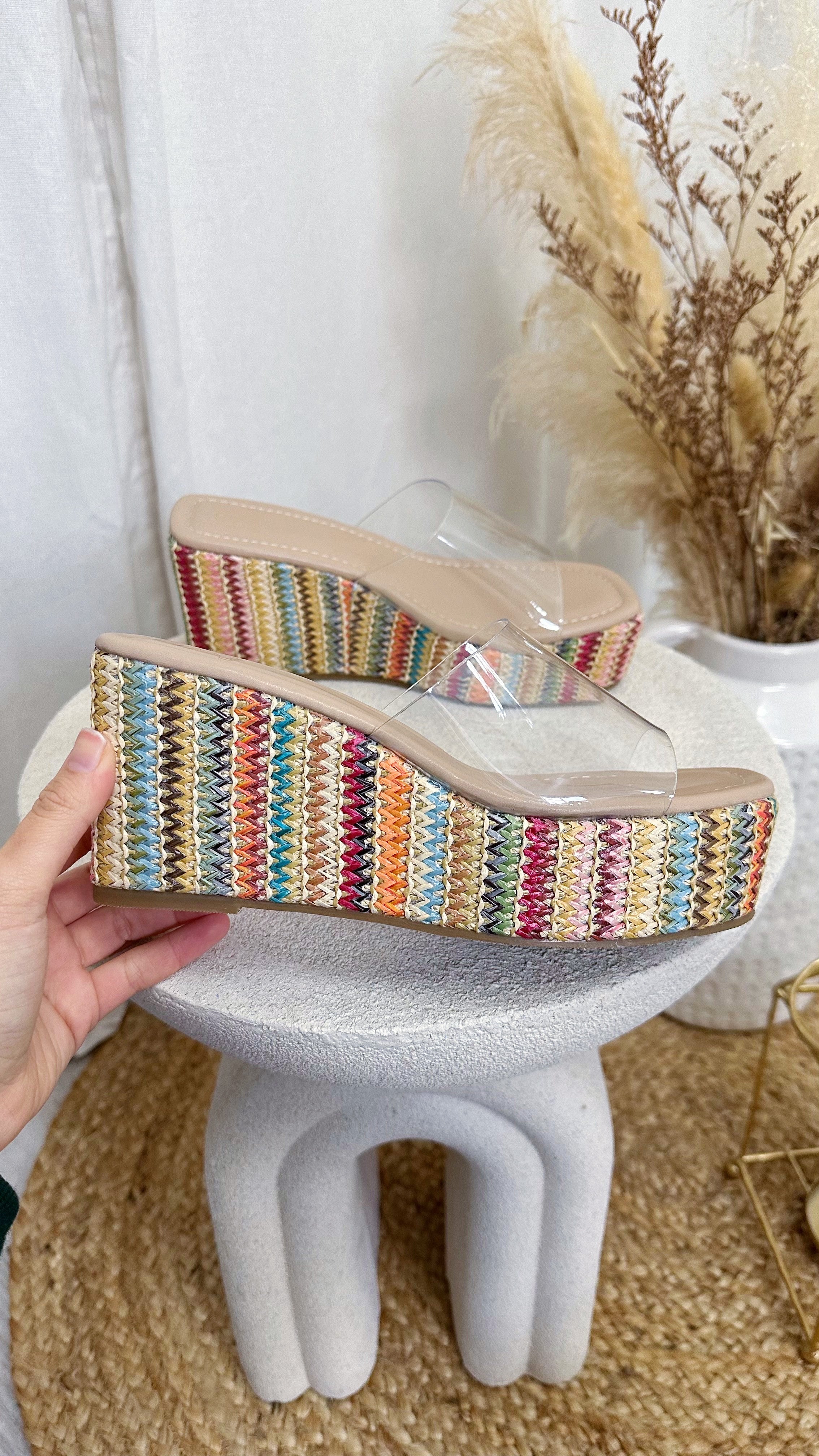 Clear Strap Platform Espadrille Wedges - DARK MULTI