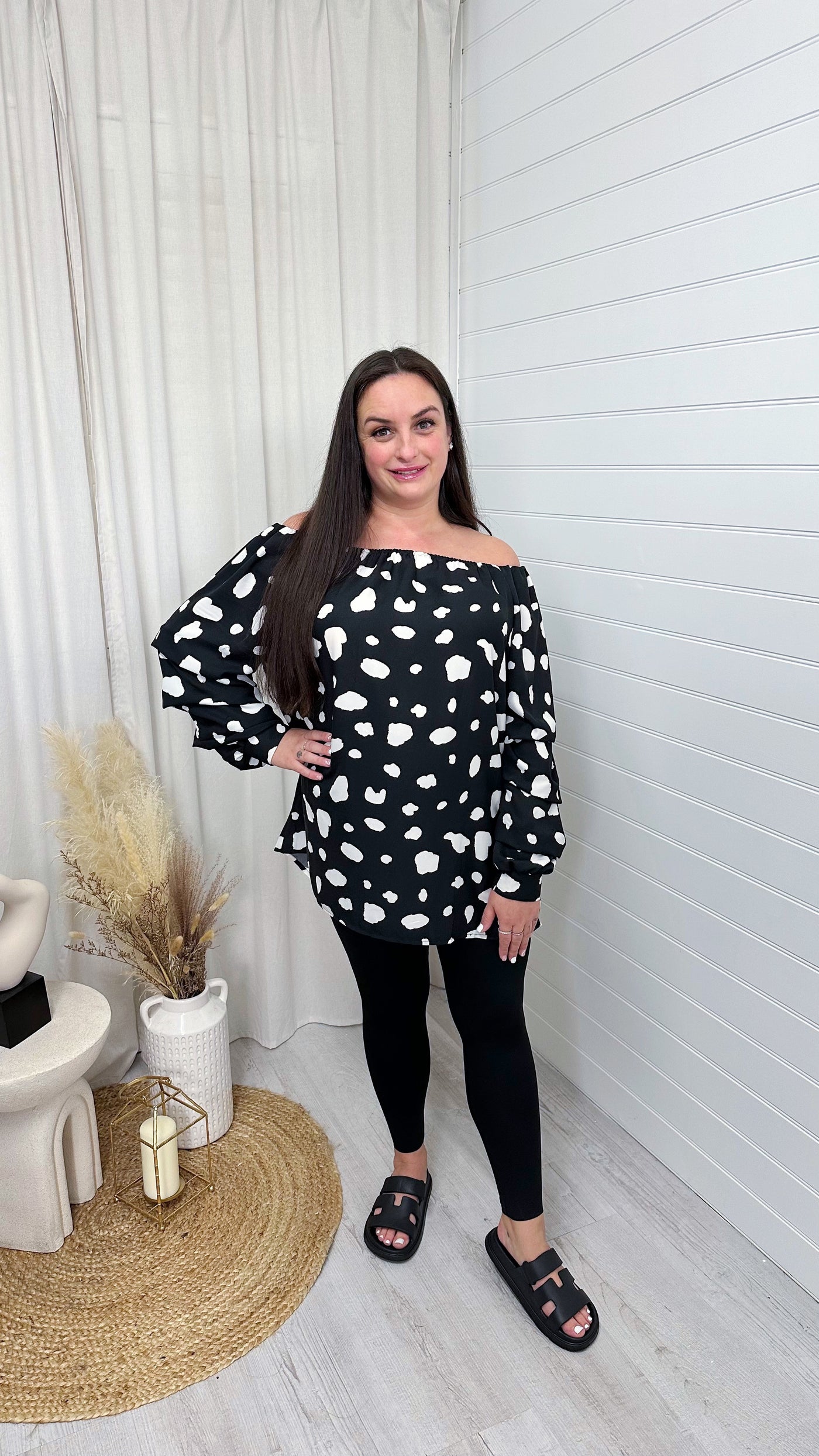 Satin Bardot Top - COW PRINT