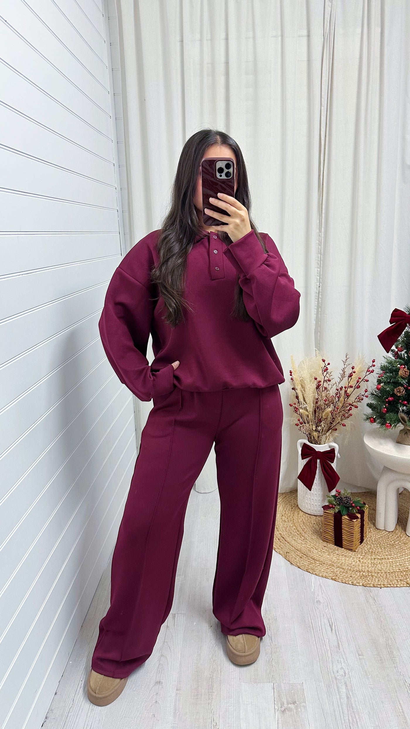 Collared Sweatshirt and Seam Front Joggers Co-Ord - WINE