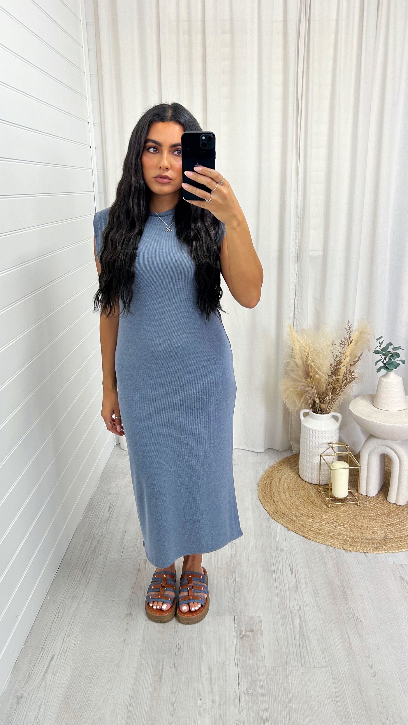Soft Ribbed Sleeveless Midi Dress - DENIM BLUE