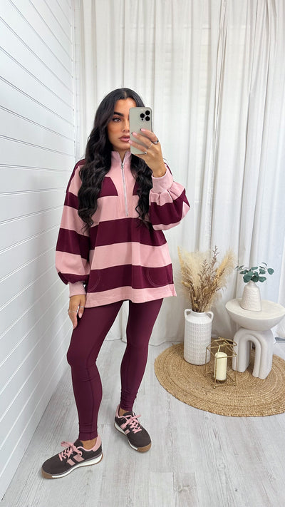 Stripey Block Colour Half Zip Sweatshirt - BURGUNDY