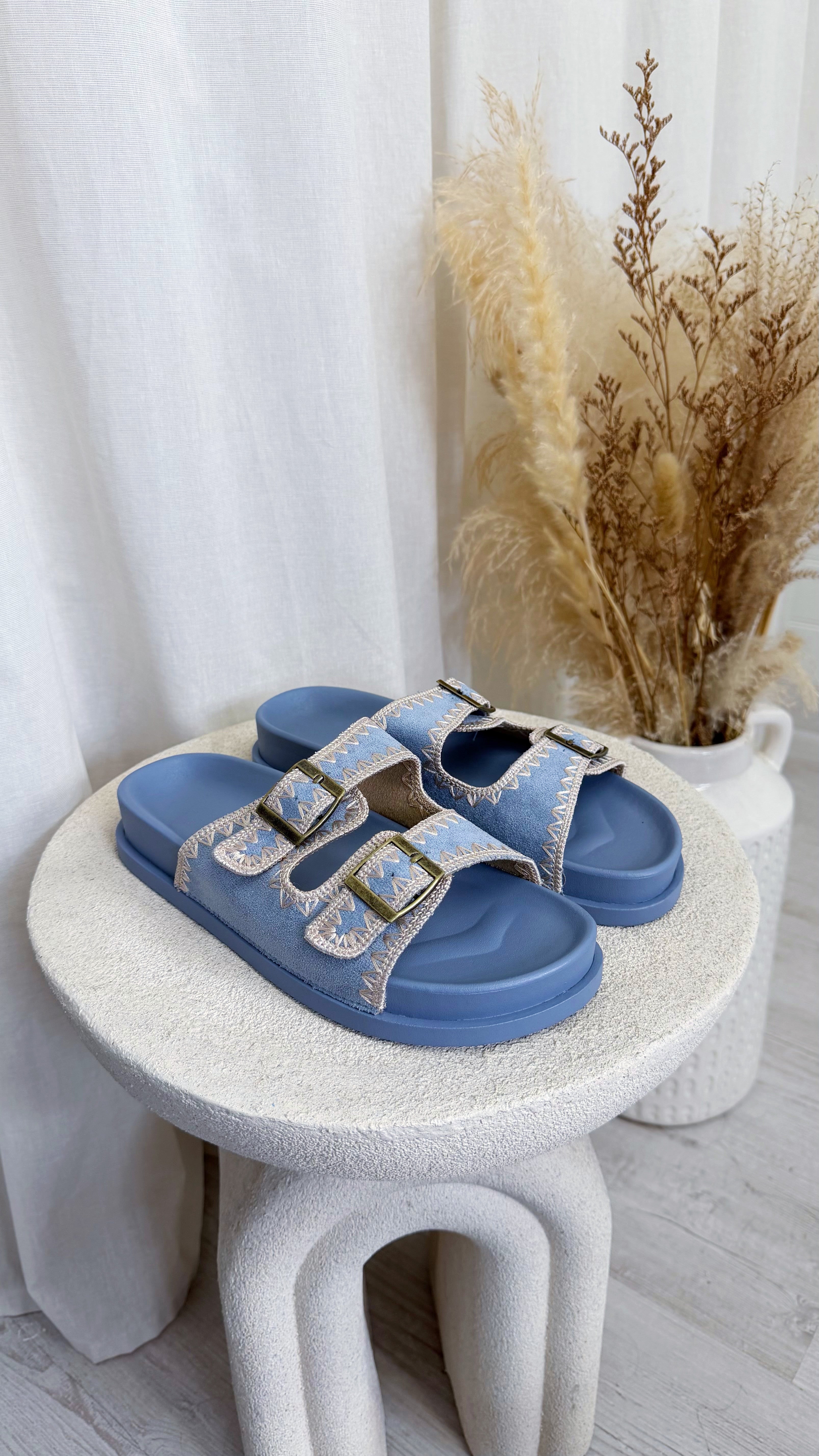 Stitch Trim Suede Sliders - BLUE