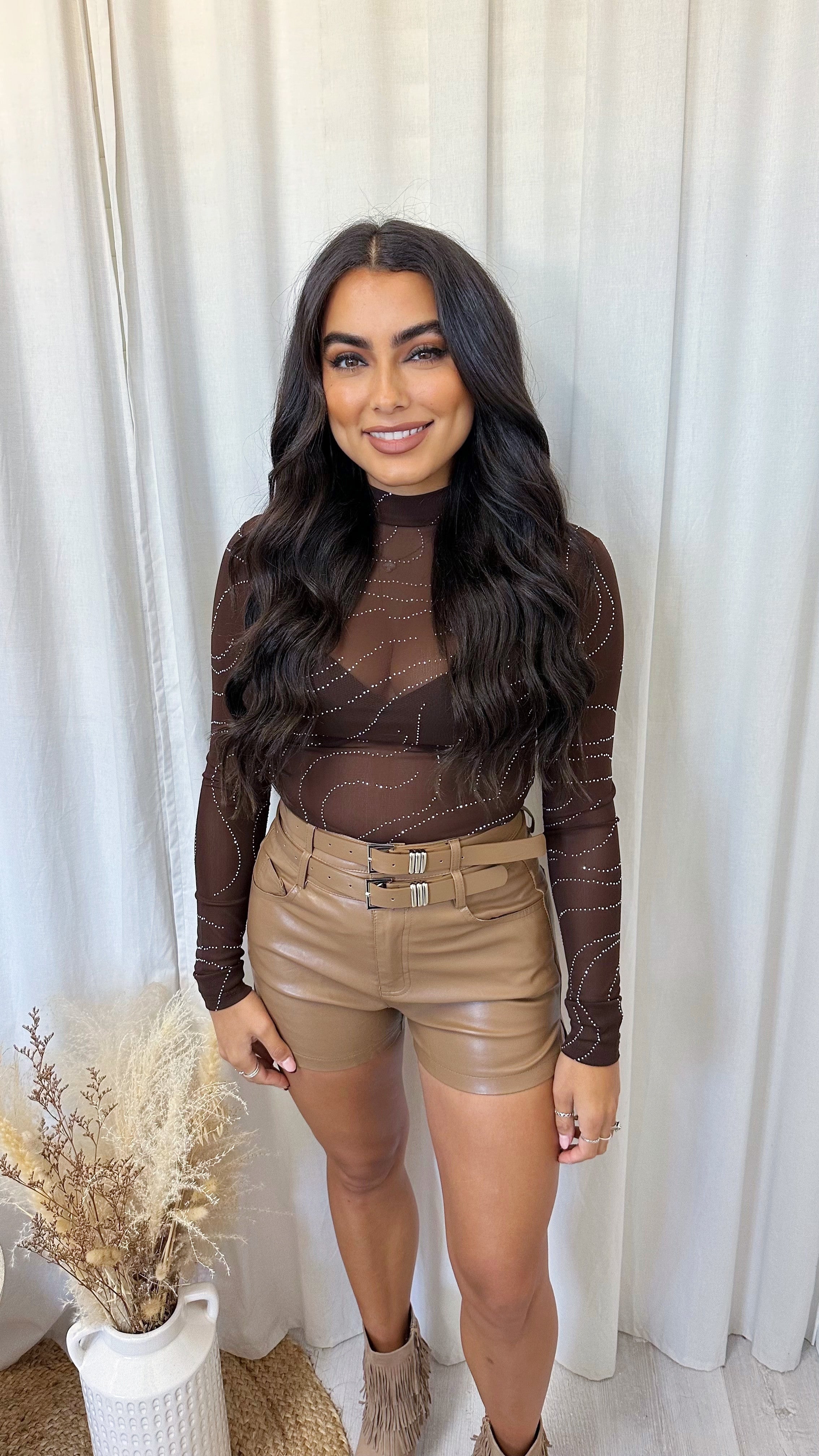 Swirly Rhinestone Mesh Long Sleeve Bodysuit - BROWN