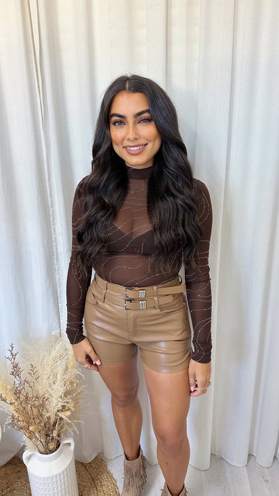 Swirly Rhinestone Mesh Long Sleeve Bodysuit - BROWN