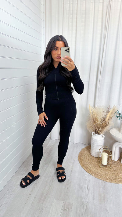 3 Piece Jacket, Crop Top and Leggings Active Set - BLACK