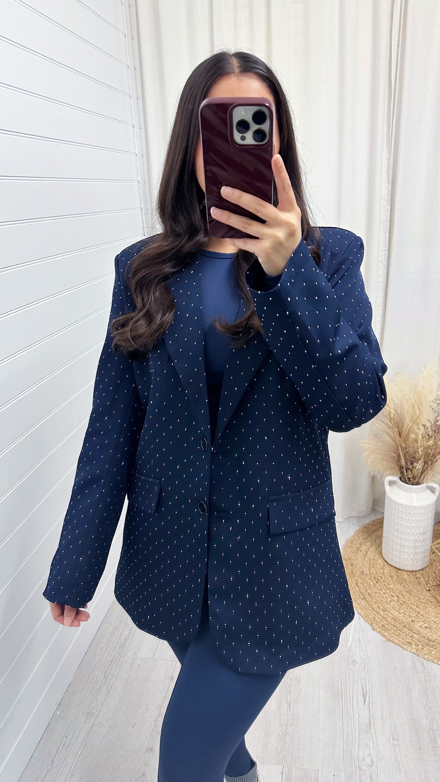 Oversized Rhinestone Boyfriend Blazer - NAVY