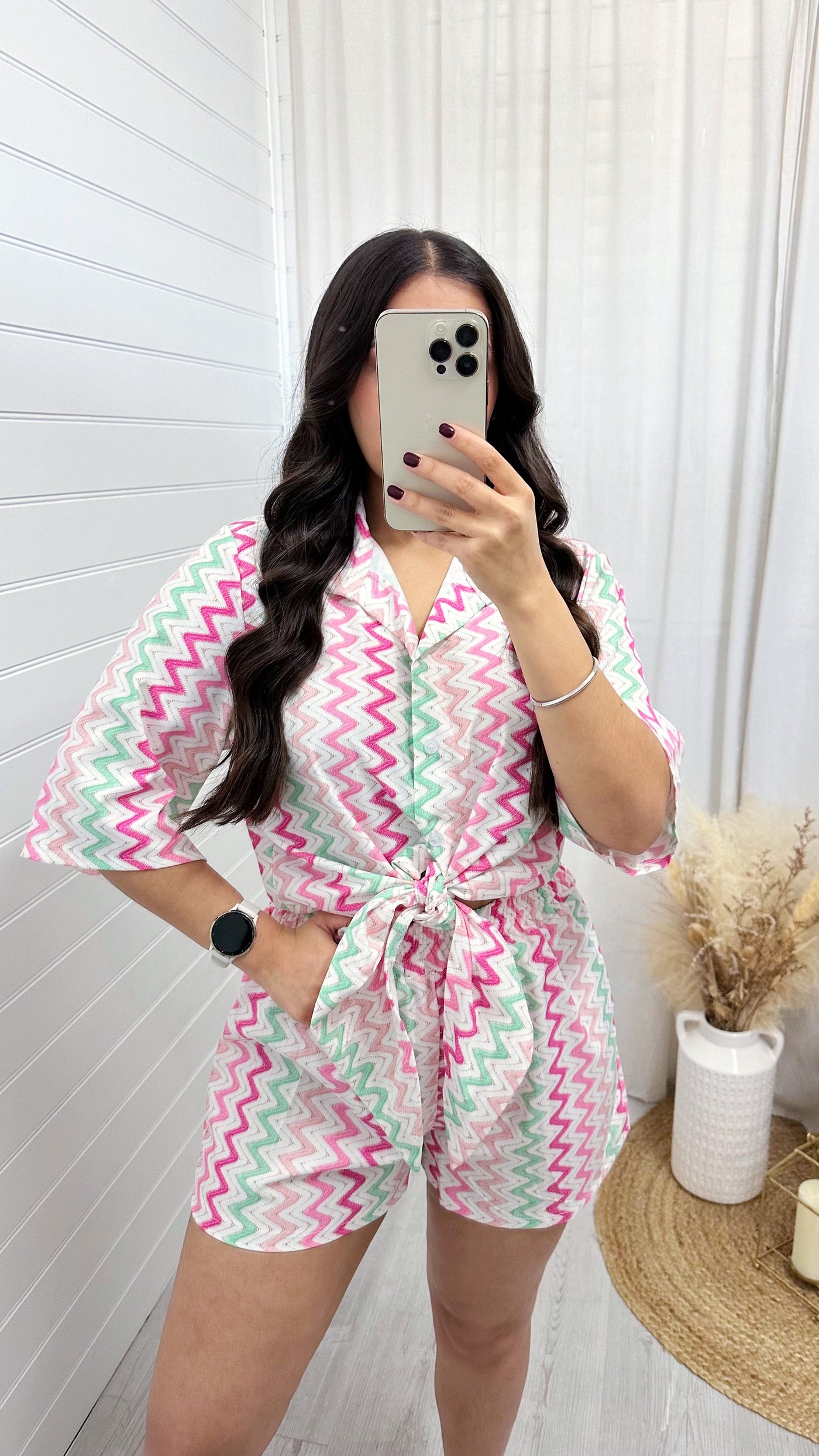 Zig Zag Tie Knot Shirt and Shorts Co-Ord - PINK/LIME – Altoria