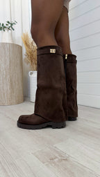 Knee High Gold Buckle Fold Over Boots - BROWN
