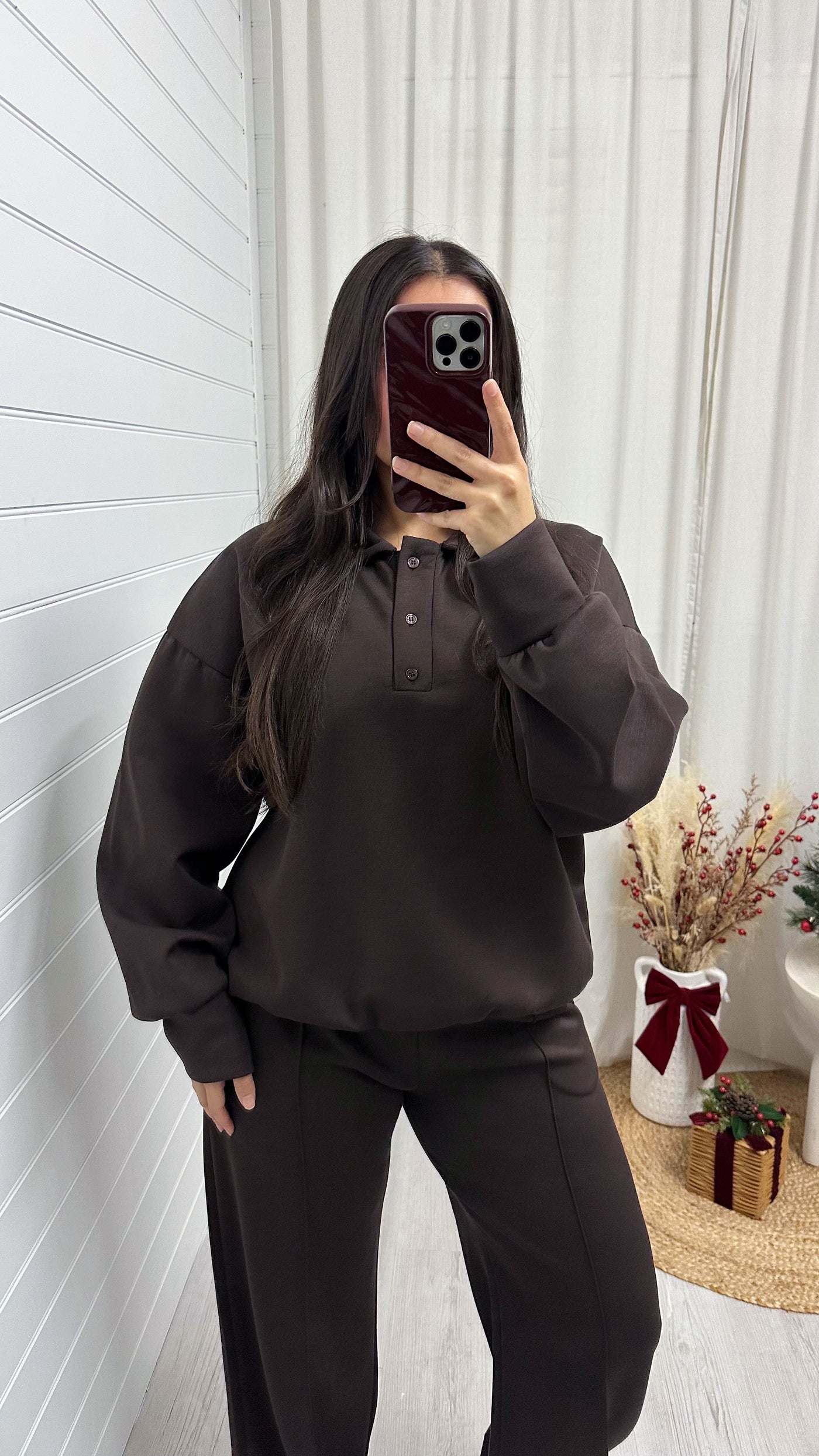 Collared Sweatshirt and Seam Front Joggers Co-Ord - BROWN