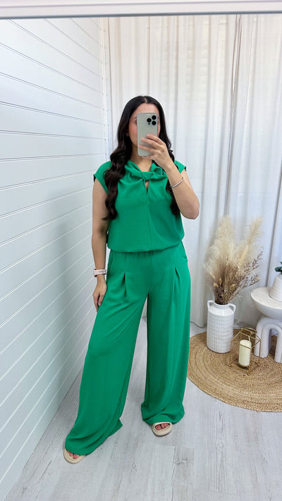 Sleeveless Bow Top and Wide Leg Trousers Co-Ord - BRIGHT GREEN