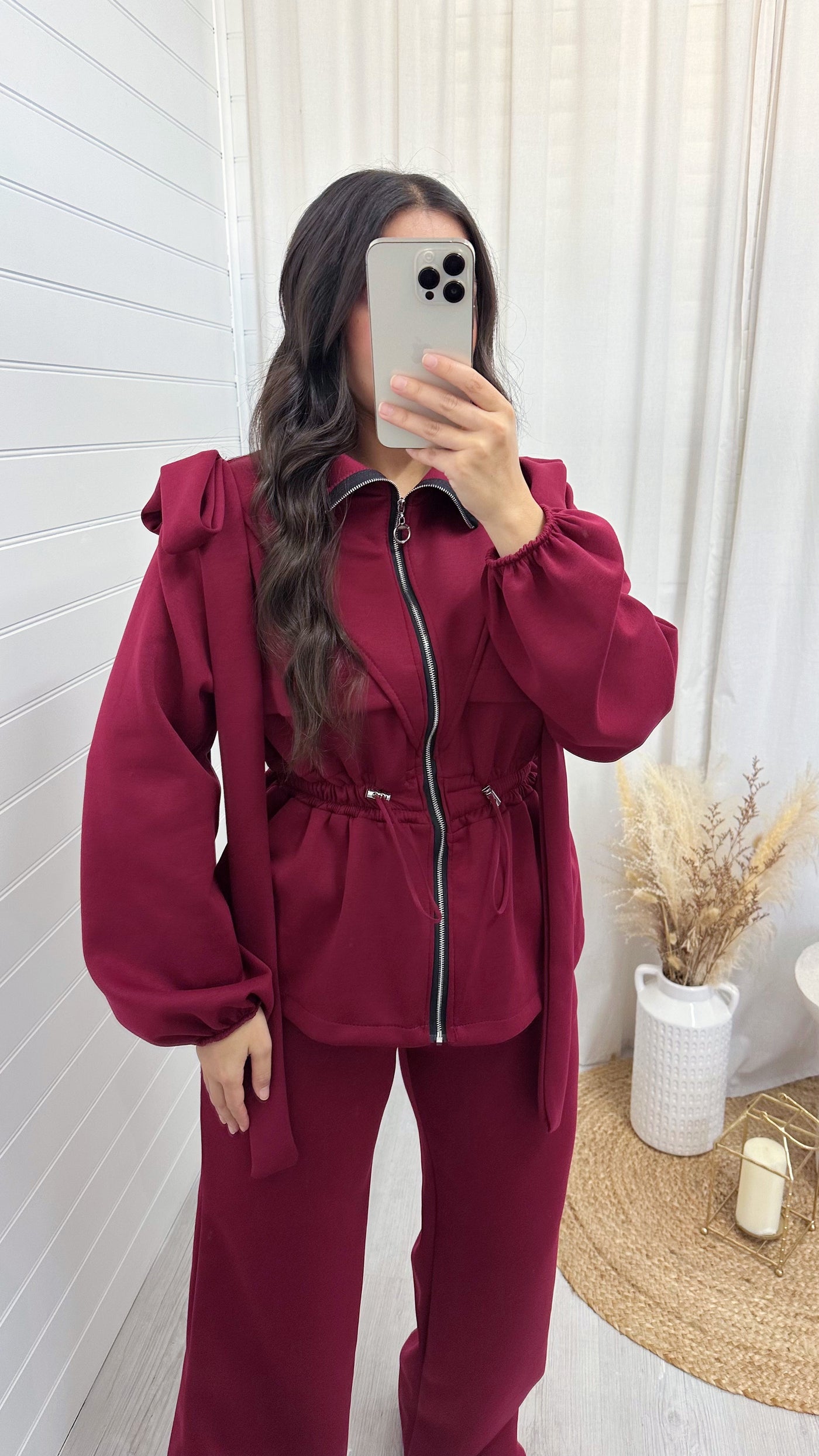 Bow Shoulder Cinched Jacket and Straight Leg Joggers Tracksuit - WINE