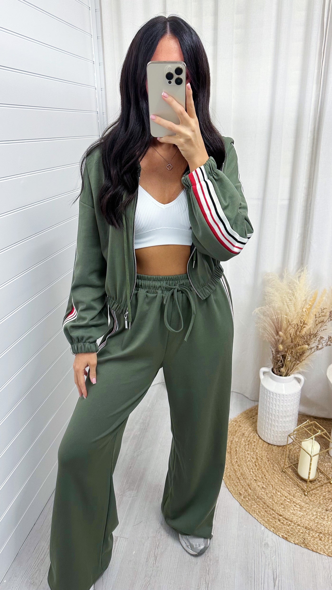 Retro Side Stripe Bomber Jacket and Joggers Tracksuit - KHAKI