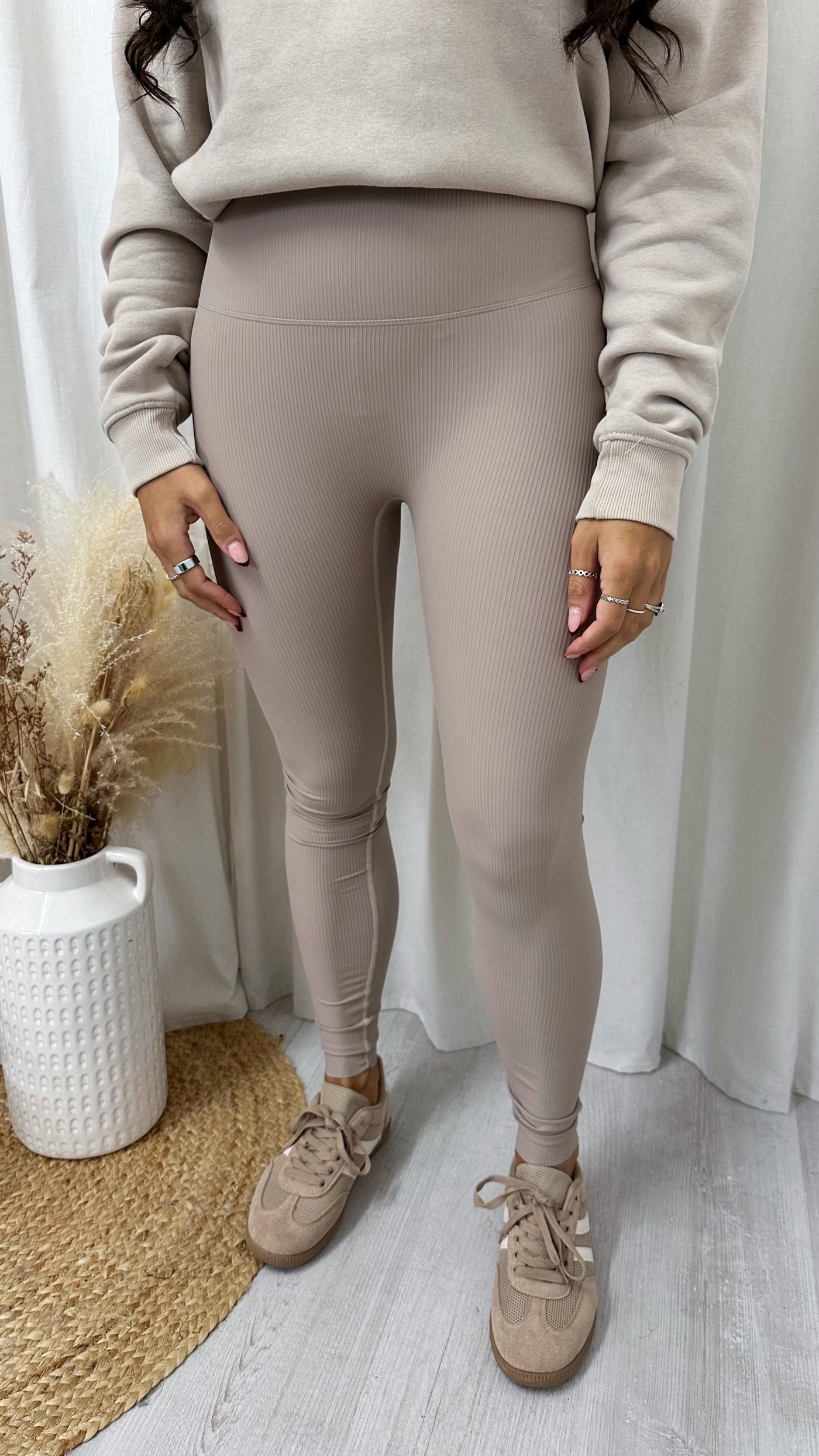 Ribbed Body Sculpt High Waisted Leggings - BEIGE