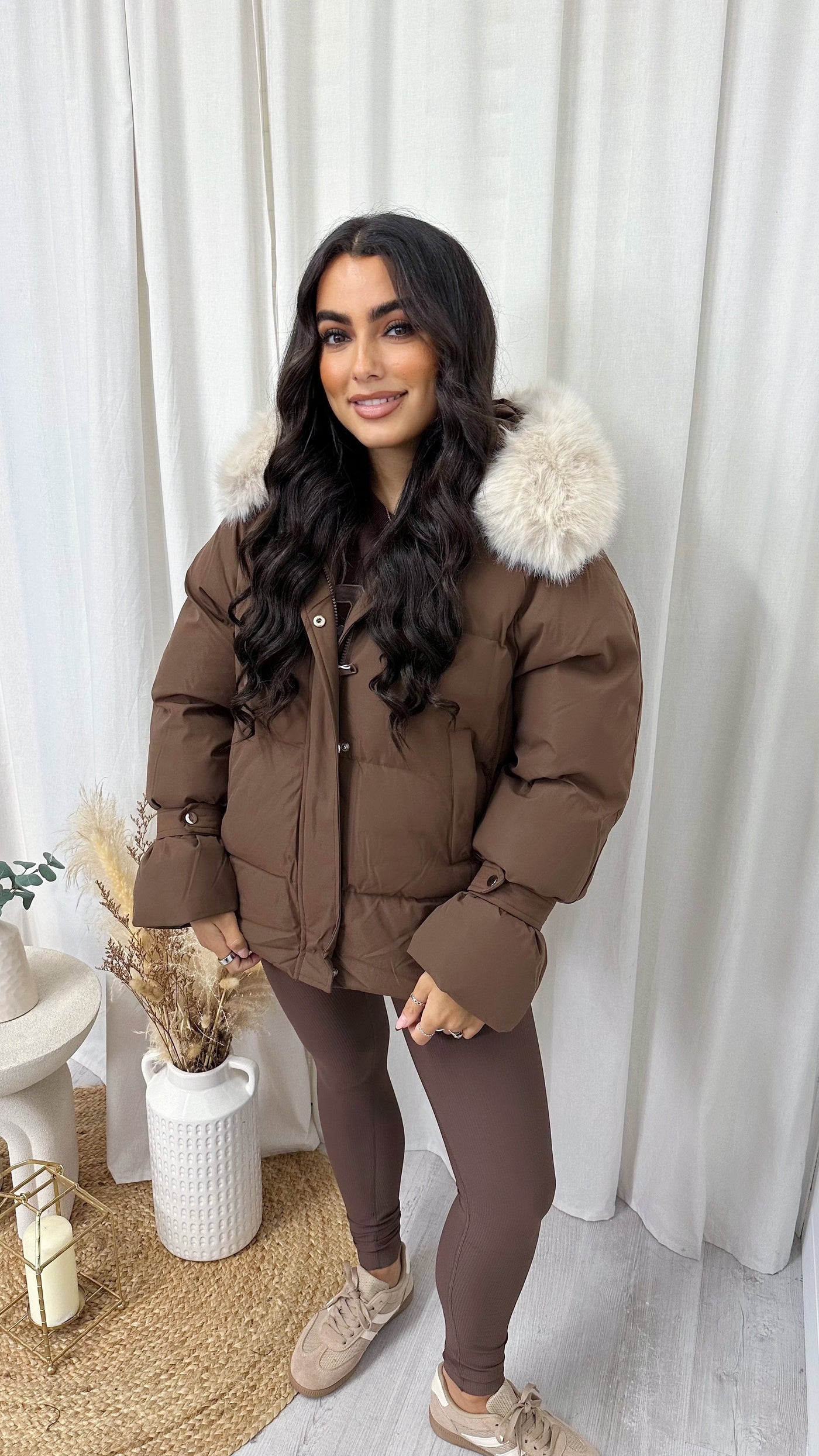 Faux Fur Hooded Puffer Coat - BROWN