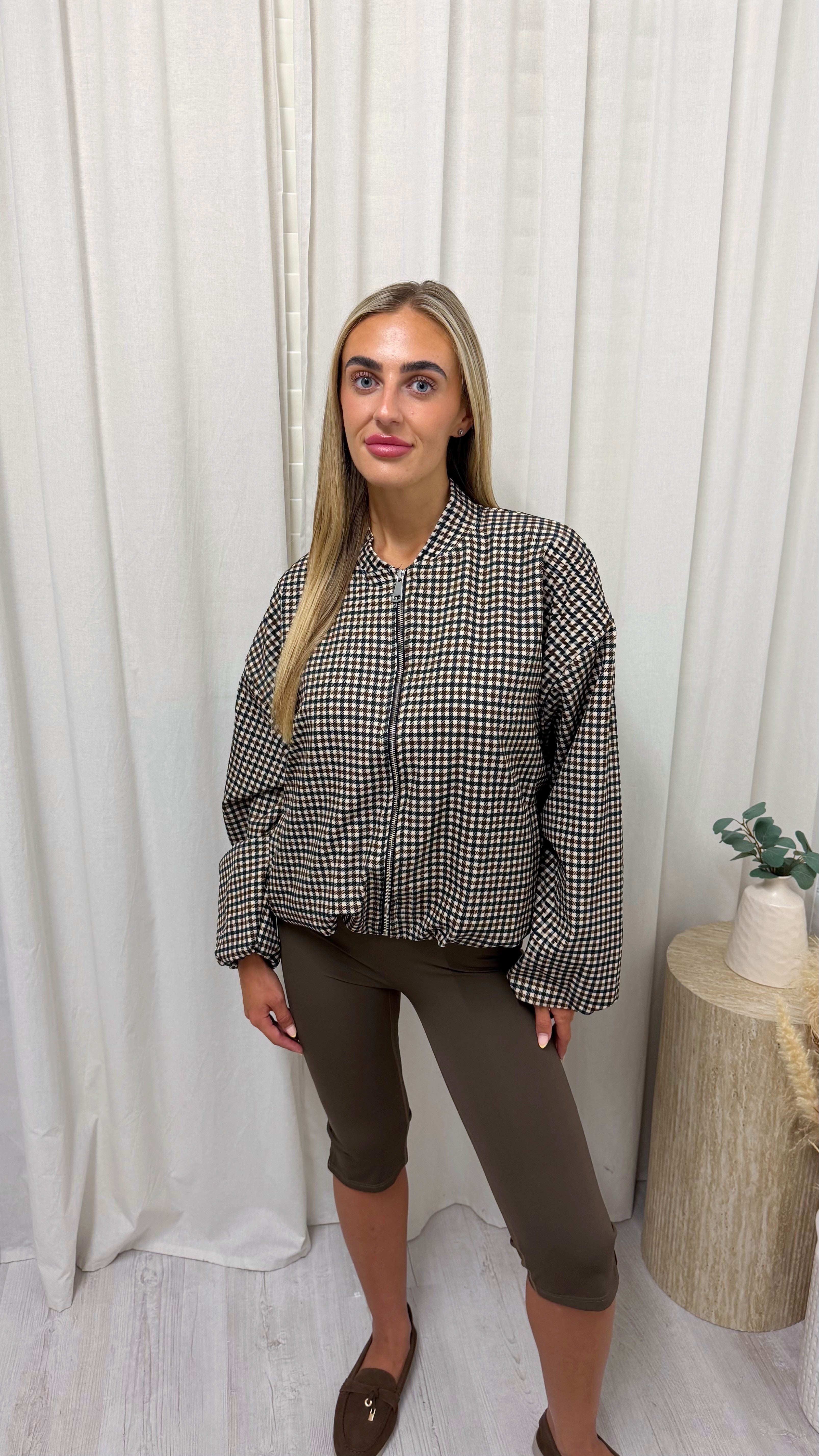 Checked Bomber Jacket - BROWN/BEIGE