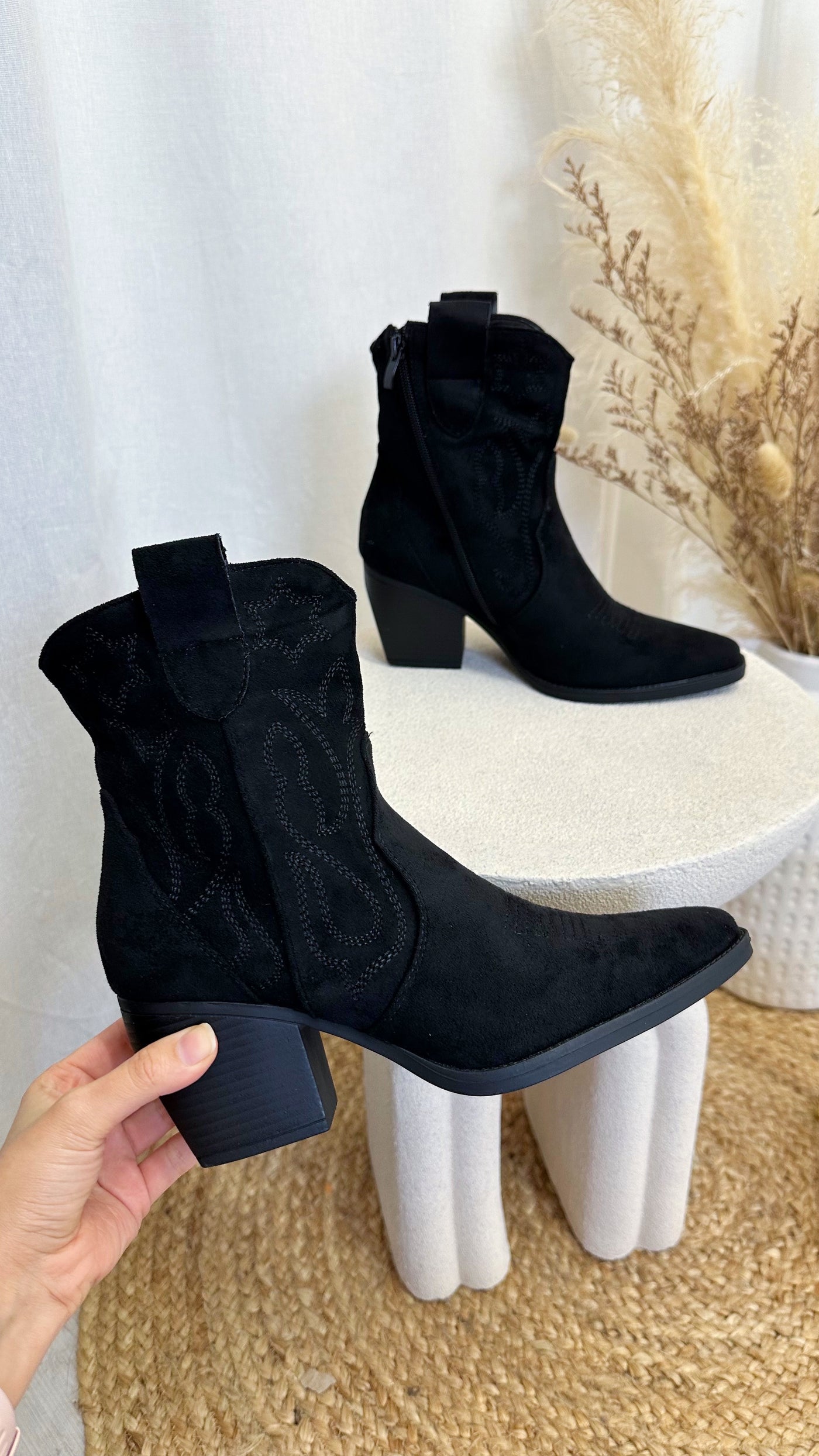 Embroidered Suede Ankle Length Cowboy Boots - BLACK