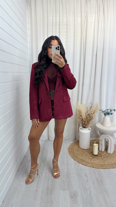 Suede Tailored Fit Blazer - WINE
