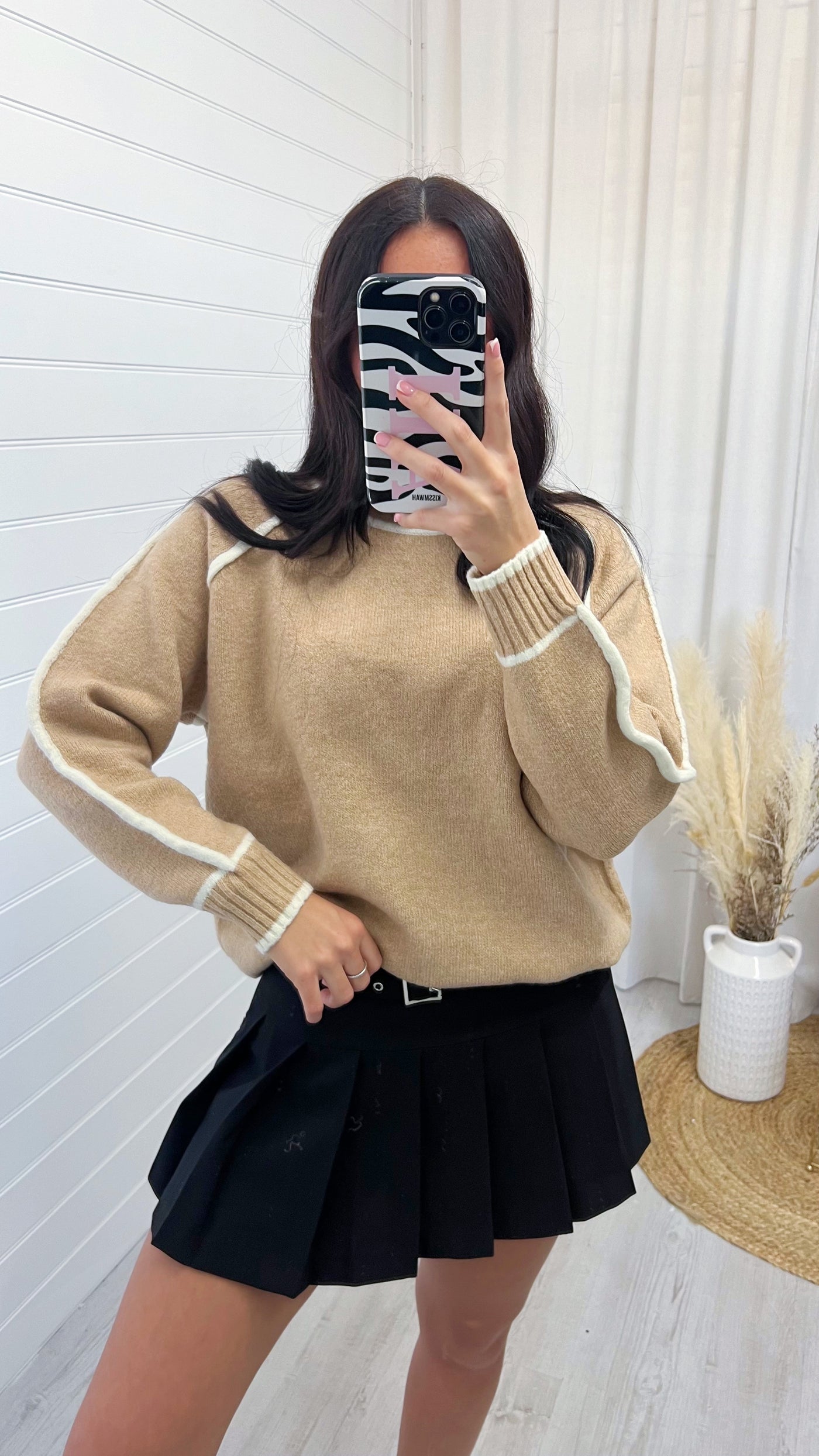 High Neck Contrast Knit Jumper - BEIGE