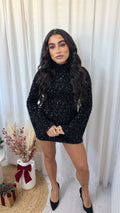 Velvet Sequin Bell Sleeve Dress - BLACK