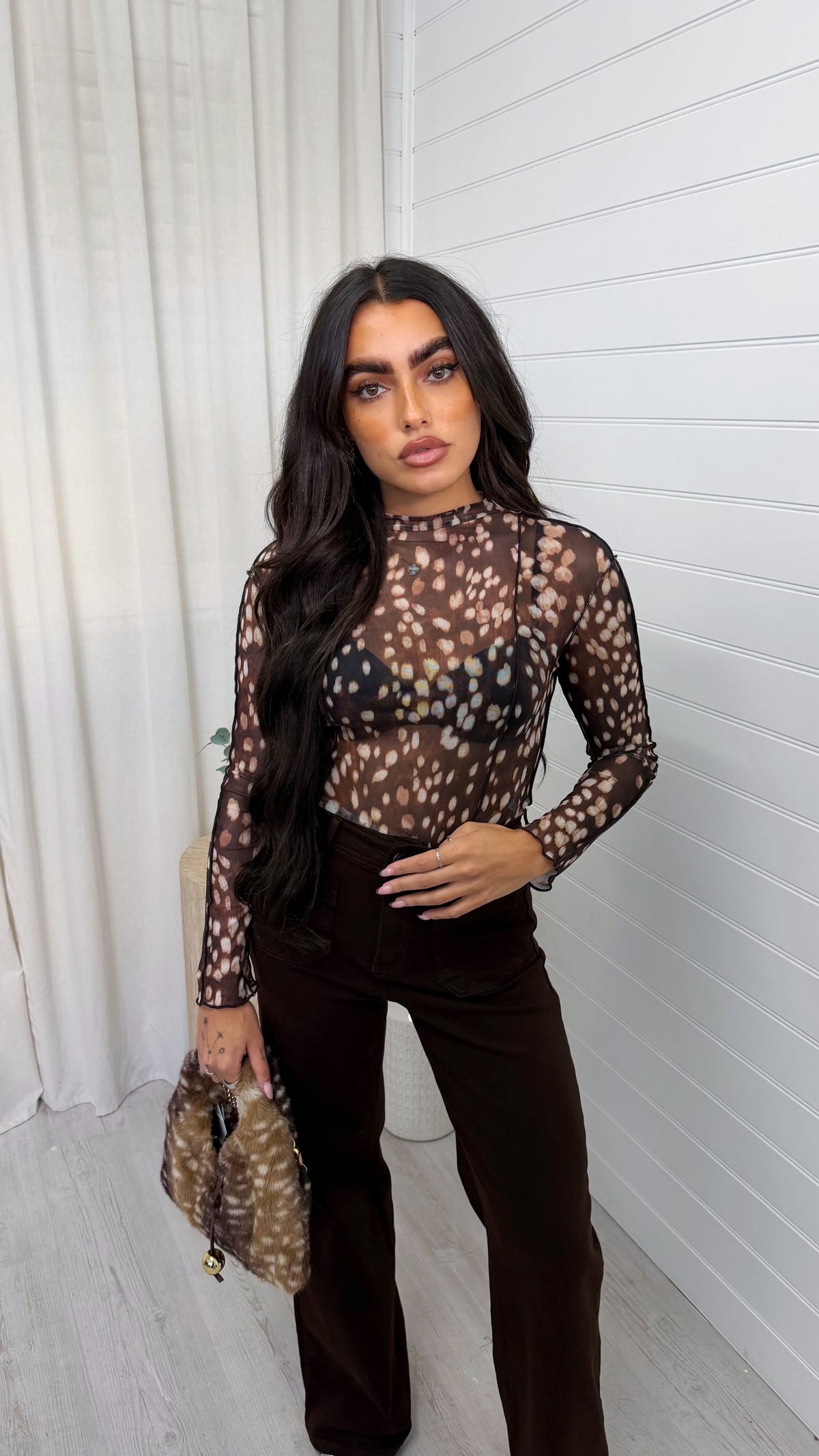 Deer Print Raw Seam Mesh Top - BROWN