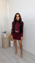 Lace Insert Top and Corset Ruched Skirt Co-Ord - BURGUNDY