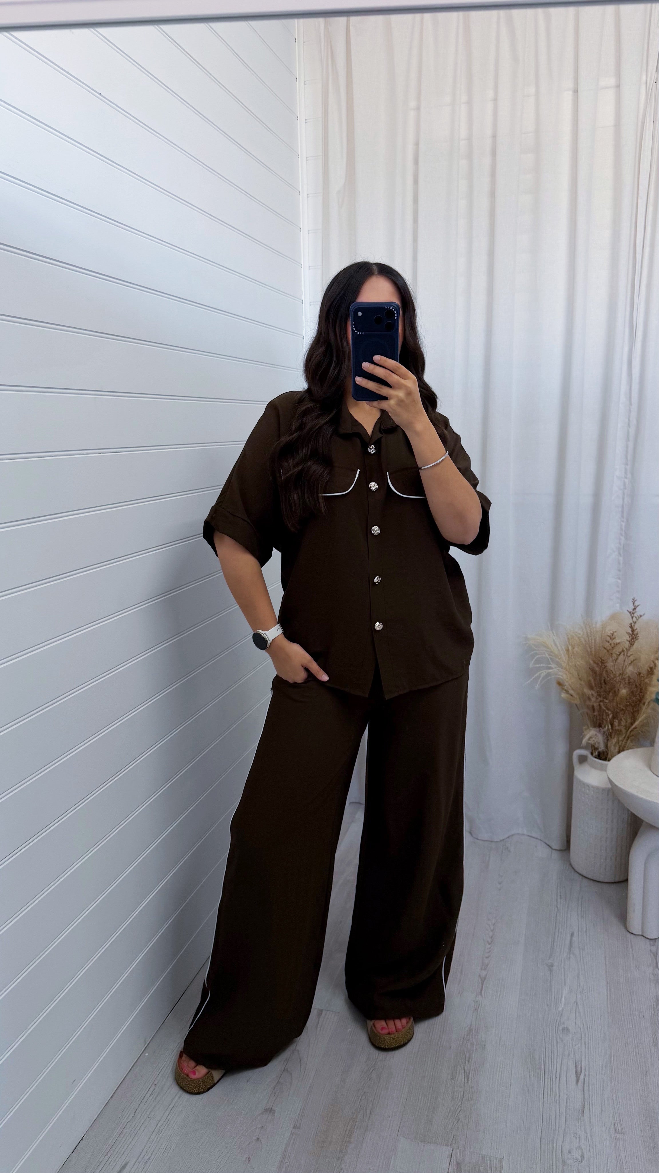 White Piped Shirt and Trousers Co-Ord - BROWN