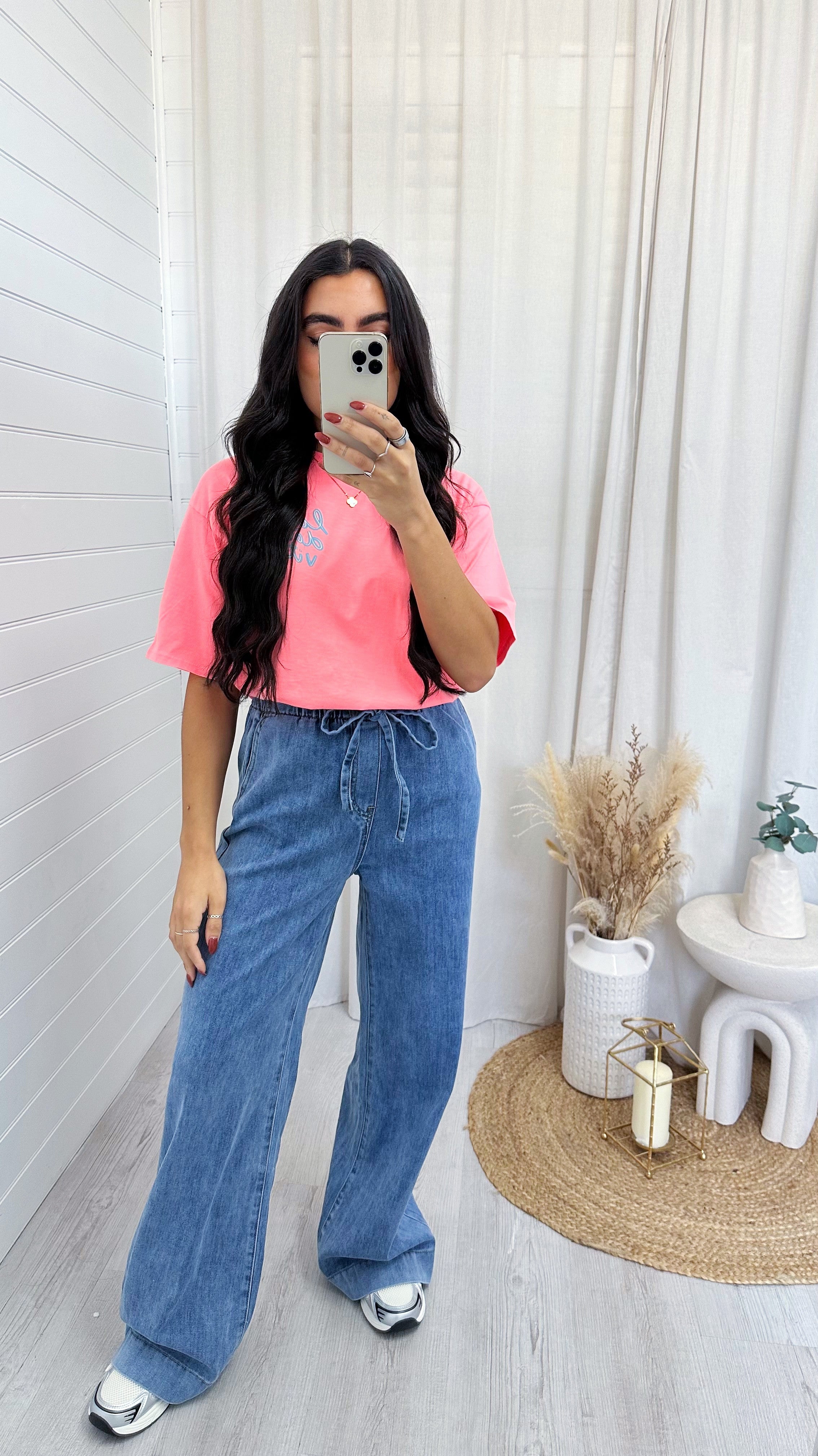 Drawstring Waist Wide Leg Jeans - DARK DENIM