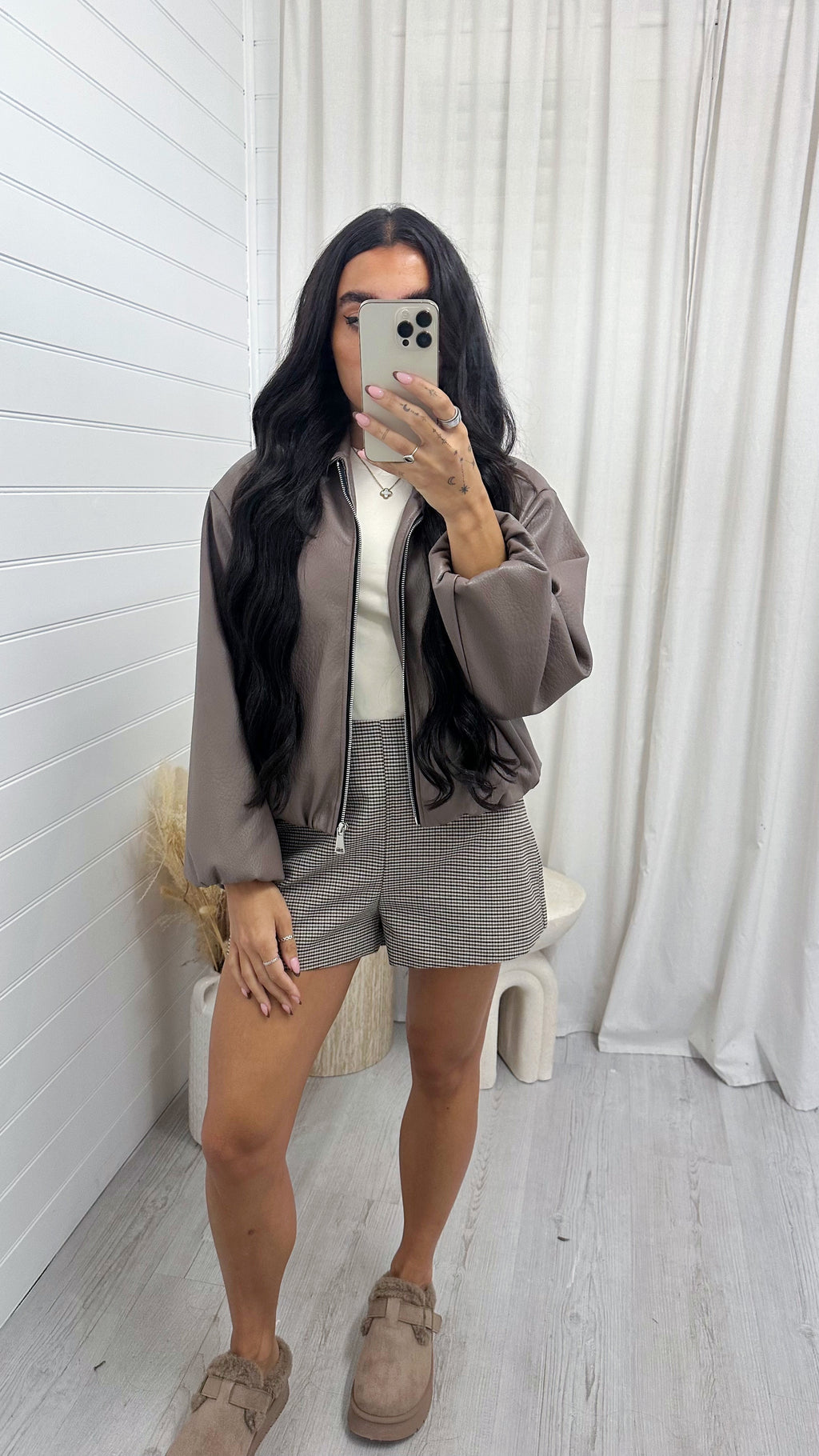 Gingham High Waisted Shorts - BEIGE
