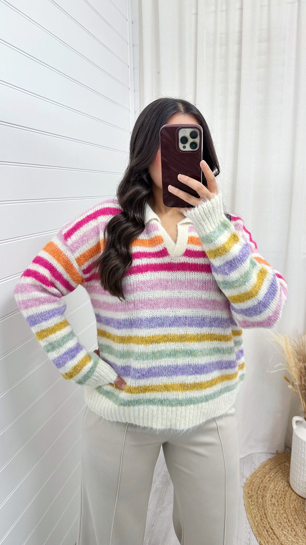 V Neck Stripey Mohair Jumper - MULTI