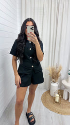 Cinched Gold Button Top and Shorts Co-Ord - BLACK
