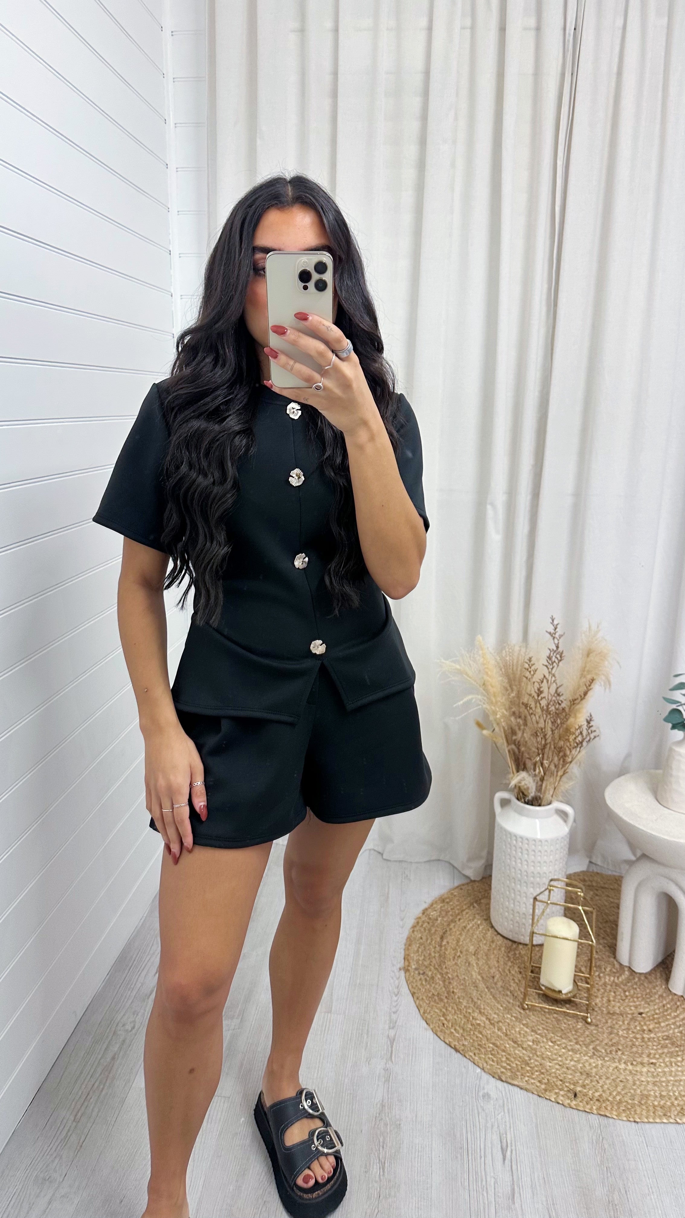 Cinched Gold Button Top and Shorts Co-Ord - BLACK