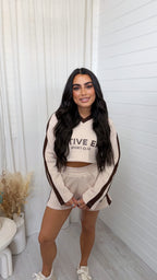 Racer Graphic Crop Sweatshirt and Shorts Co-Ord - BEIGE