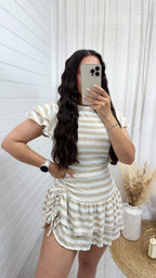 Frill Sleeve Top and Frill Ruched Skirt Co-Ord - BEIGE/WHITE